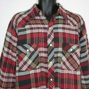Vintage Wrangler Western Plaid Shirt Jacket Quilted Red Gray L Pearl Snap